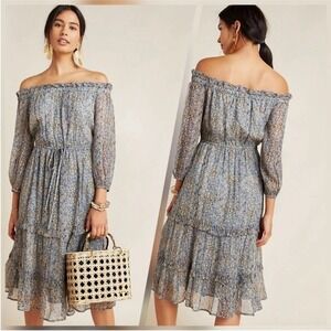 Anthropologie Kira Off Shoulder Blue Peasant Dress Size 6